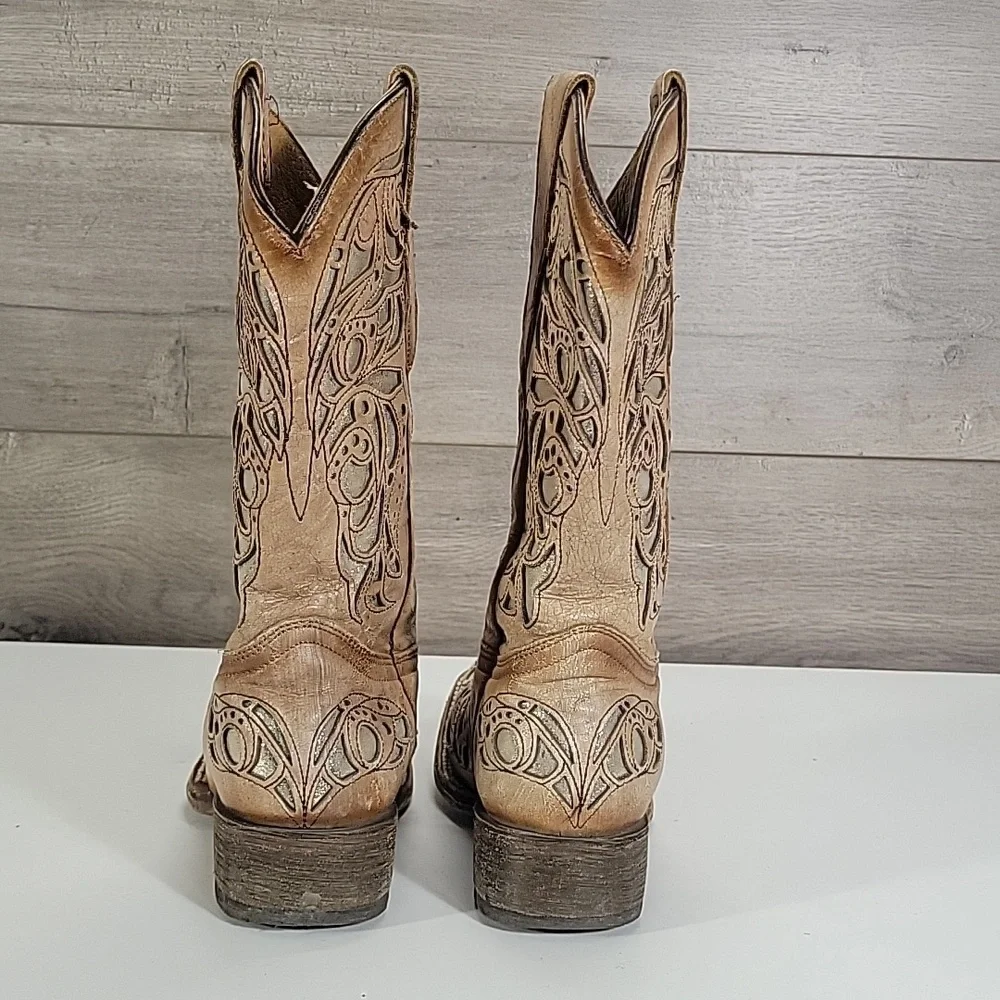 Girls Corral Tan Cut-Out Western Boots Sz 4.5